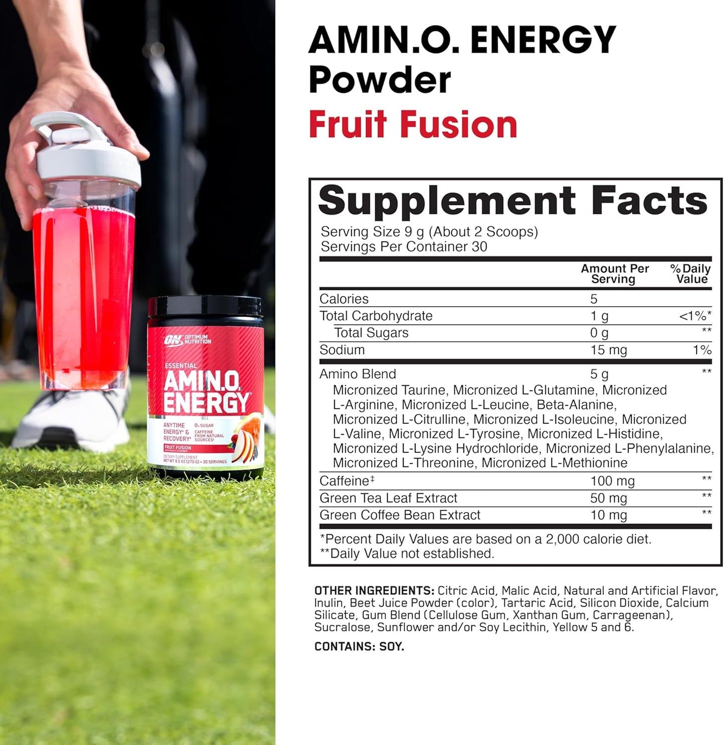 Amino Energy Pre Workout Powder with Green Tea, BCAA, Amino Acids, Green Coffee Extract - Fruit Fusion Flavor, 30 Servings