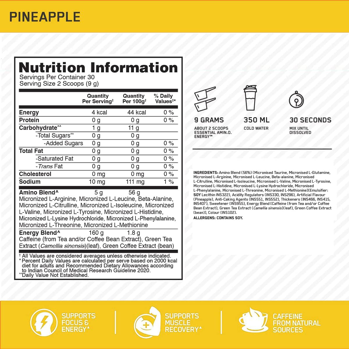 Amino Energy Pre Workout Powder with Green Tea, BCAA, Amino Acids - Pineapple Flavor, Keto Friendly - 30 Servings