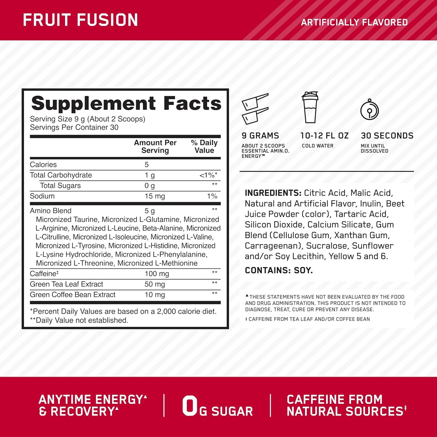 Amino Energy Pre Workout Powder with Green Tea, BCAA, Amino Acids, Green Coffee Extract - Fruit Fusion Flavor, 30 Servings