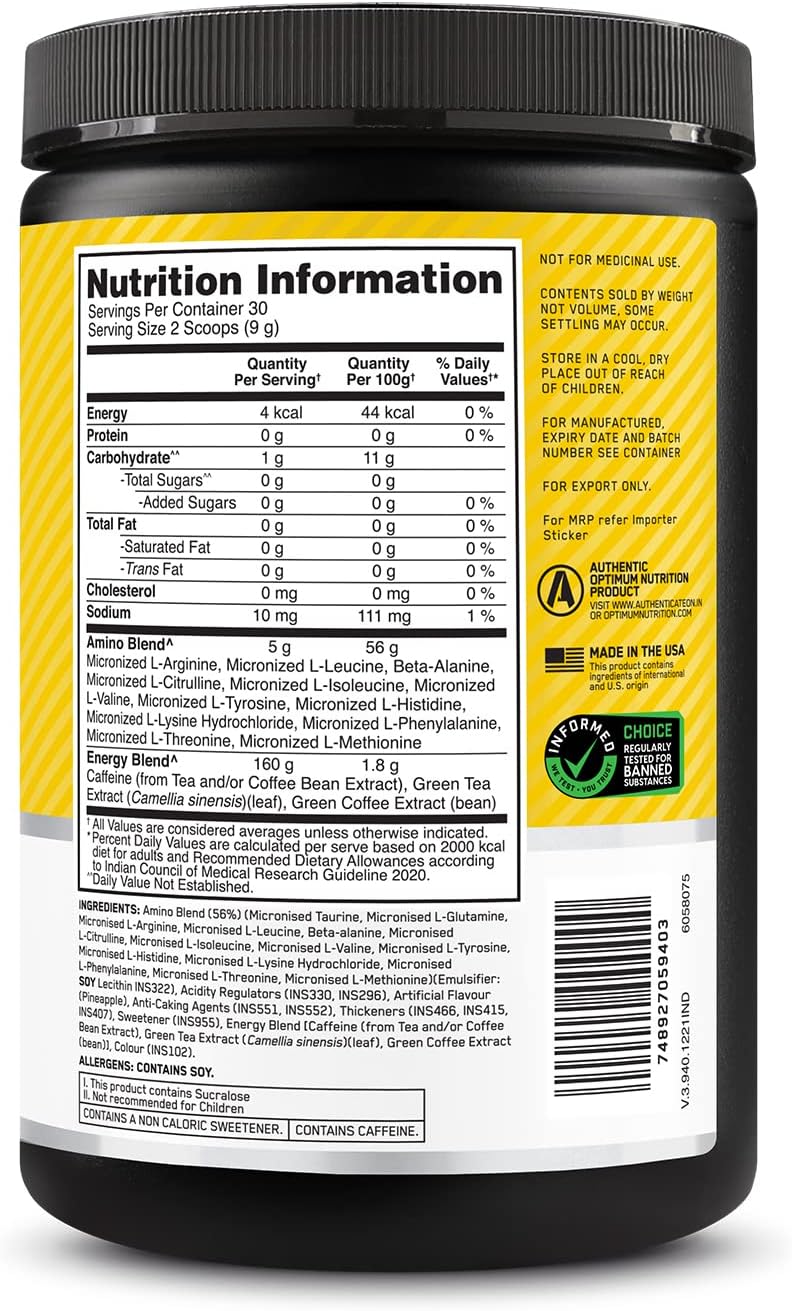 Amino Energy Pre Workout Powder with Green Tea, BCAA, Amino Acids - Pineapple Flavor, Keto Friendly - 30 Servings