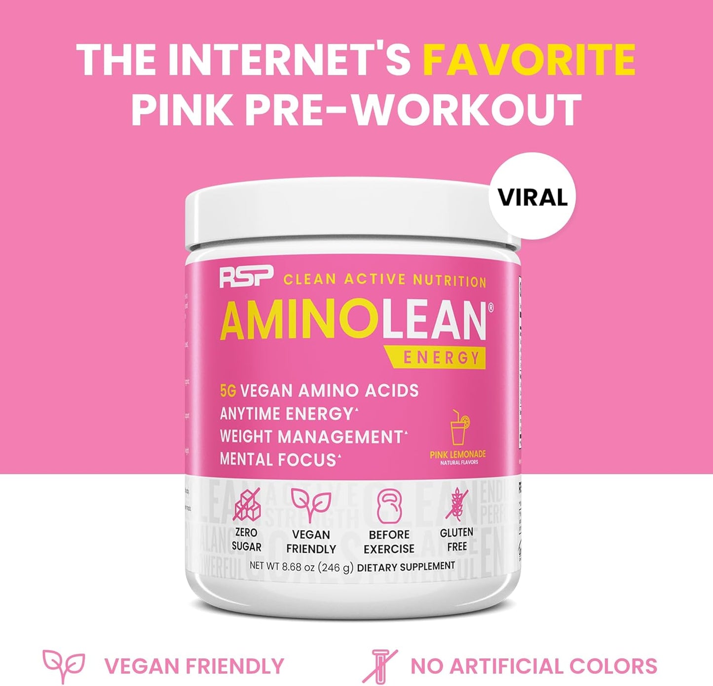 AminoLean Pre Workout Powder for Energy & Weight Management - Vegan BCAA Amino Acids, Natural Caffeine - Preworkout Boost for Men & Women - Pink Lemonade, 30 Servings
