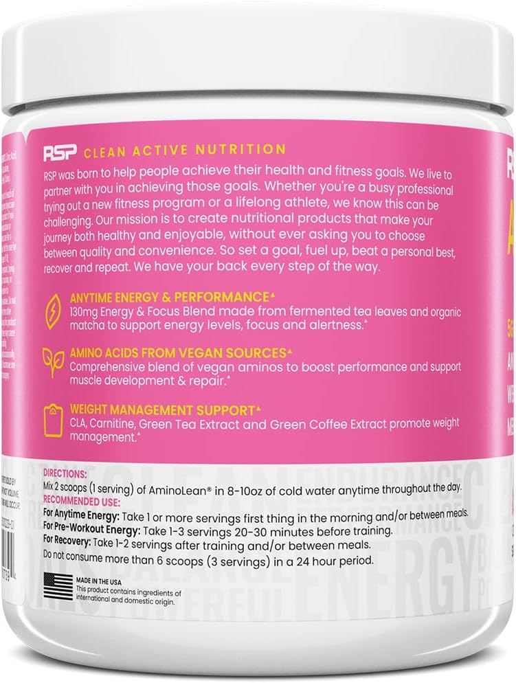 AminoLean Pre Workout Powder for Energy & Weight Management - Vegan BCAA Amino Acids, Natural Caffeine - Preworkout Boost for Men & Women - Pink Lemonade, 30 Servings