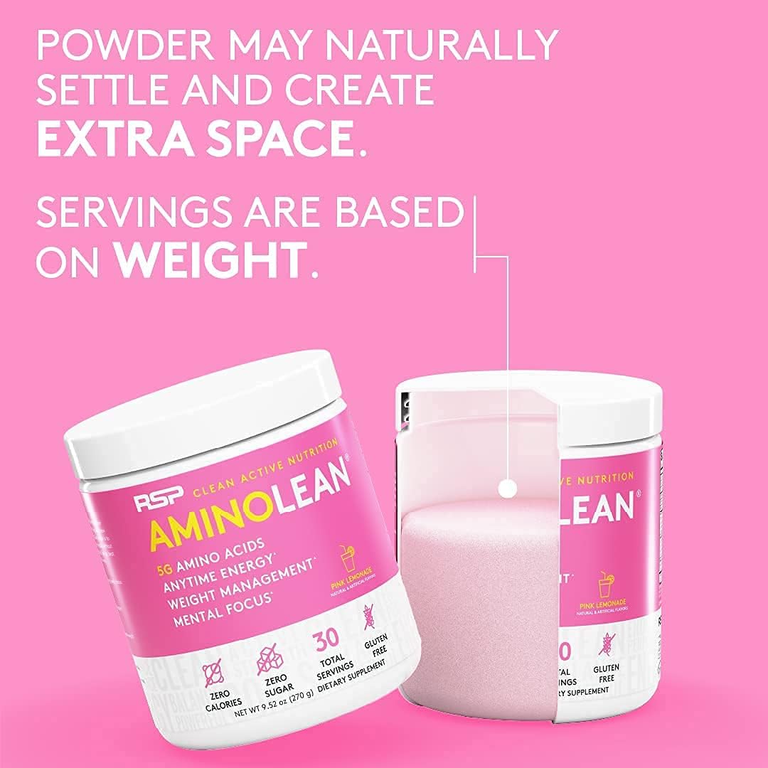 AminoLean Pre Workout Powder for Energy & Weight Management - Vegan BCAA Amino Acids, Natural Caffeine - Preworkout Boost for Men & Women - Pink Lemonade, 30 Servings