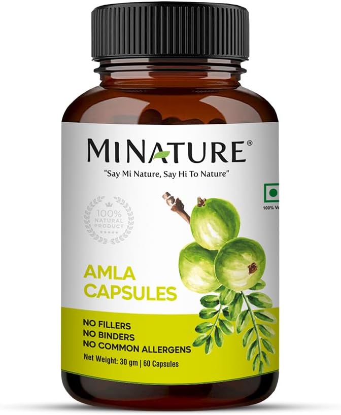 Amla Fruit Powder Capsules by mi Nature - 60 Vegan Capsules, 500mg - Pure & Natural Indian Gooseberry Supplement - Gluten-Free - Made in India