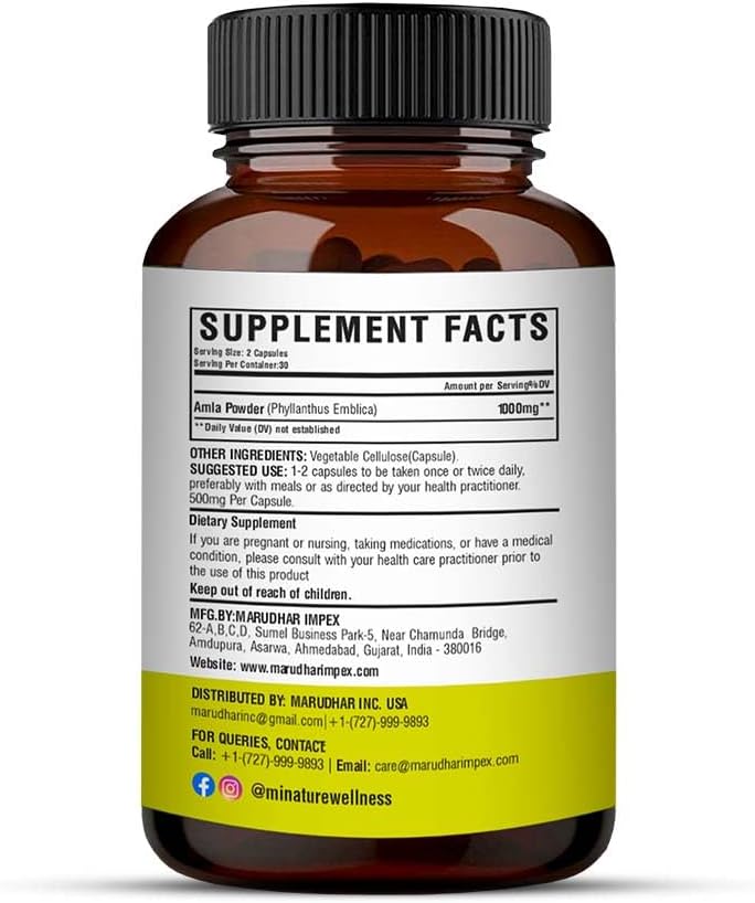 Amla Fruit Powder Capsules by mi Nature - 60 Vegan Capsules, 500mg - Pure & Natural Indian Gooseberry Supplement - Gluten-Free - Made in India