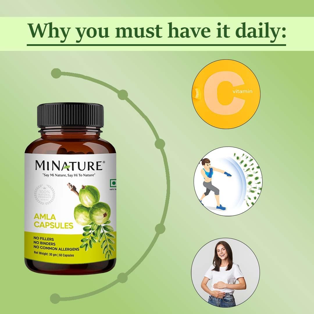 Amla Fruit Powder Capsules by mi Nature - 60 Vegan Capsules, 500mg - Pure & Natural Indian Gooseberry Supplement - Gluten-Free - Made in India