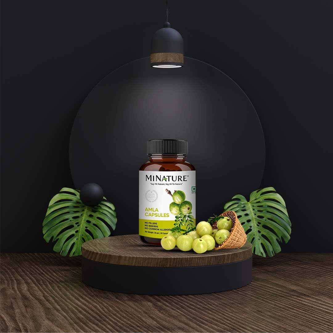 Amla Fruit Powder Capsules by mi Nature - 60 Vegan Capsules, 500mg - Pure & Natural Indian Gooseberry Supplement - Gluten-Free - Made in India