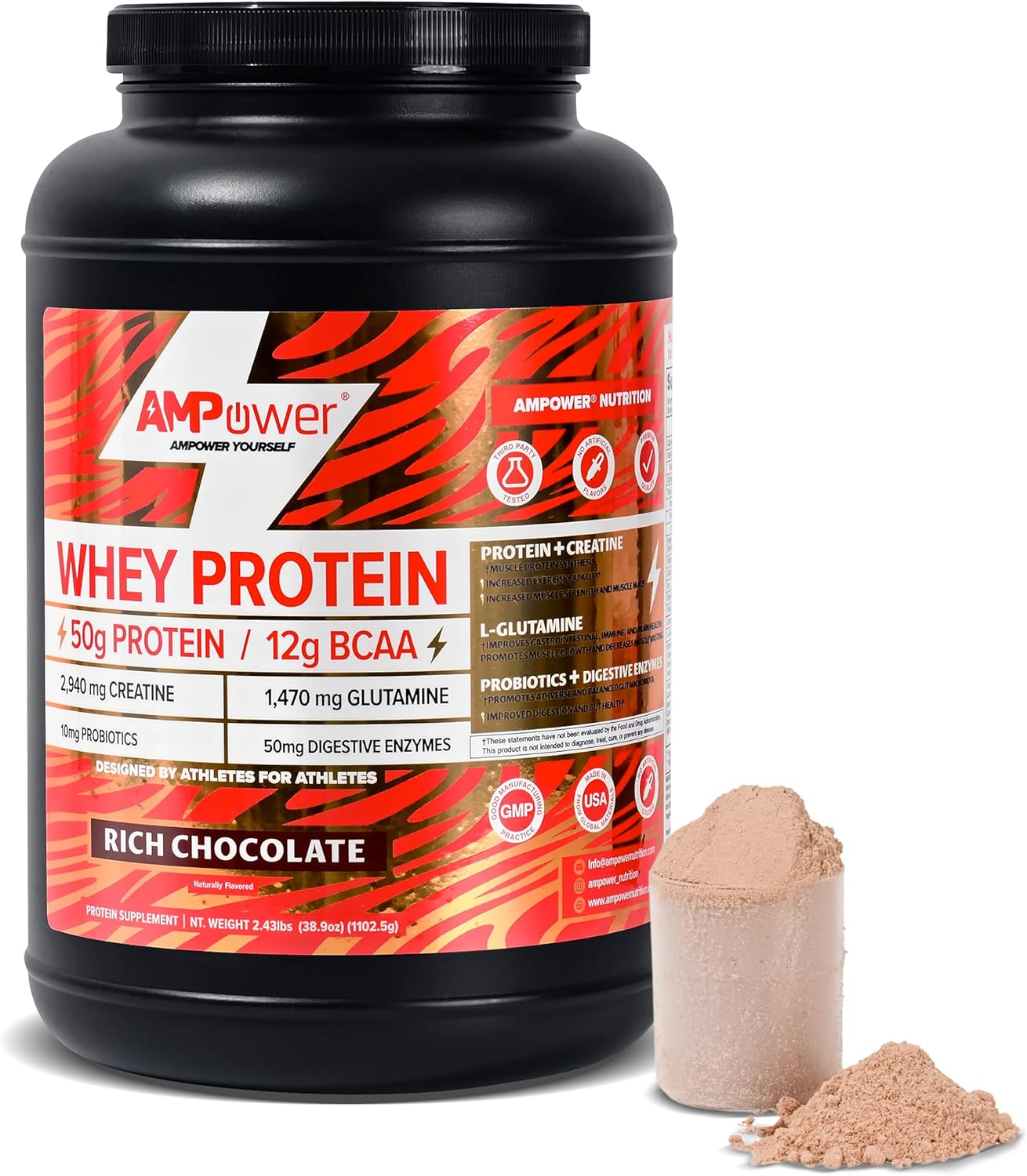 AMPOWER Rich Chocolate Whey Protein Powder with Muscle-Building Ingredients for Gut, Brain, and Immune Support - 38.9oz