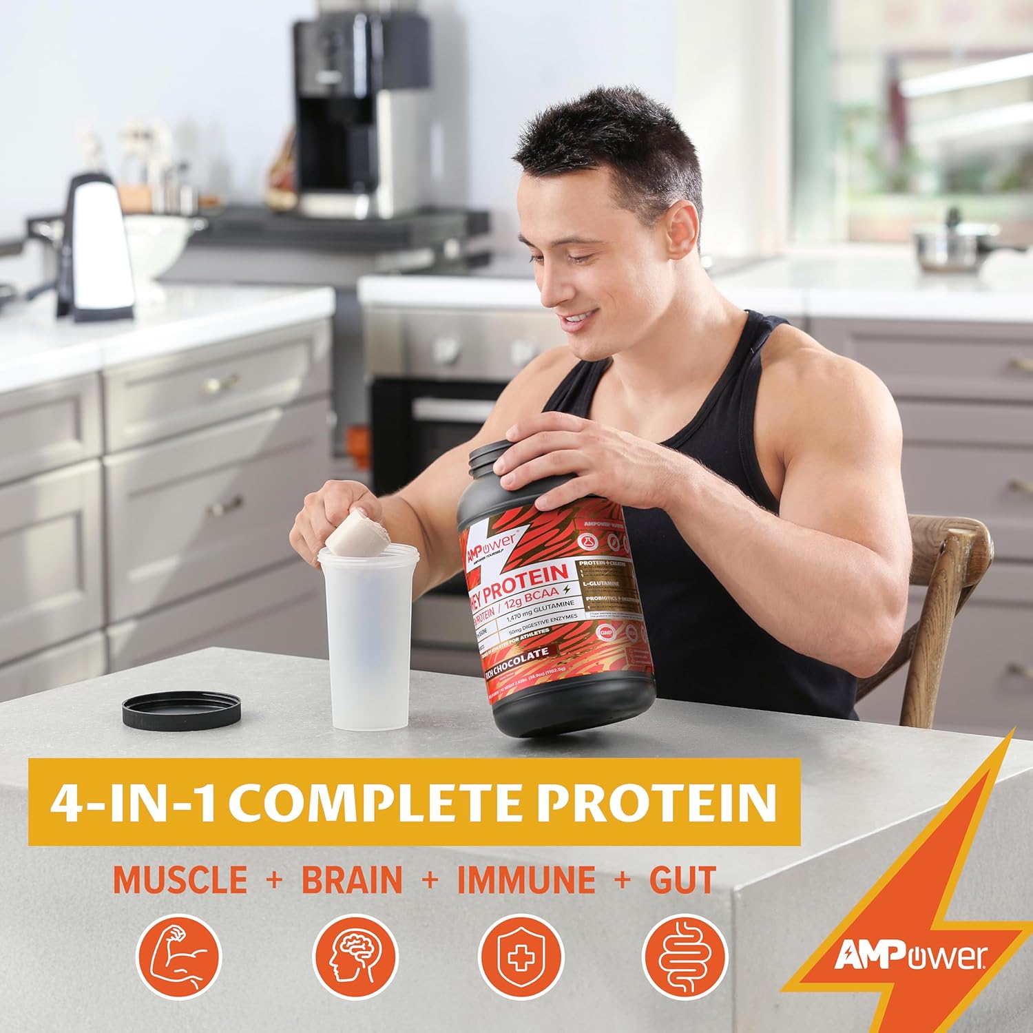 AMPOWER Rich Chocolate Whey Protein Powder with Muscle-Building Ingredients for Gut, Brain, and Immune Support - 38.9oz