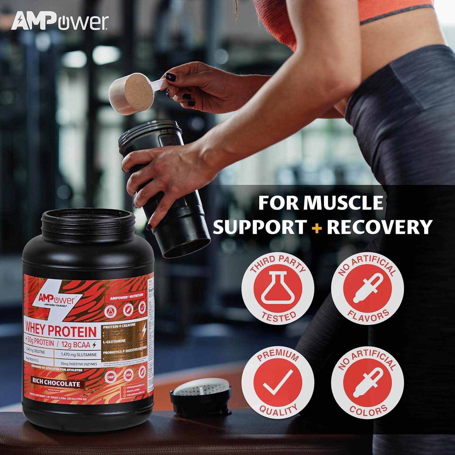 AMPOWER Rich Chocolate Whey Protein Powder with Muscle-Building Ingredients for Gut, Brain, and Immune Support - 38.9oz