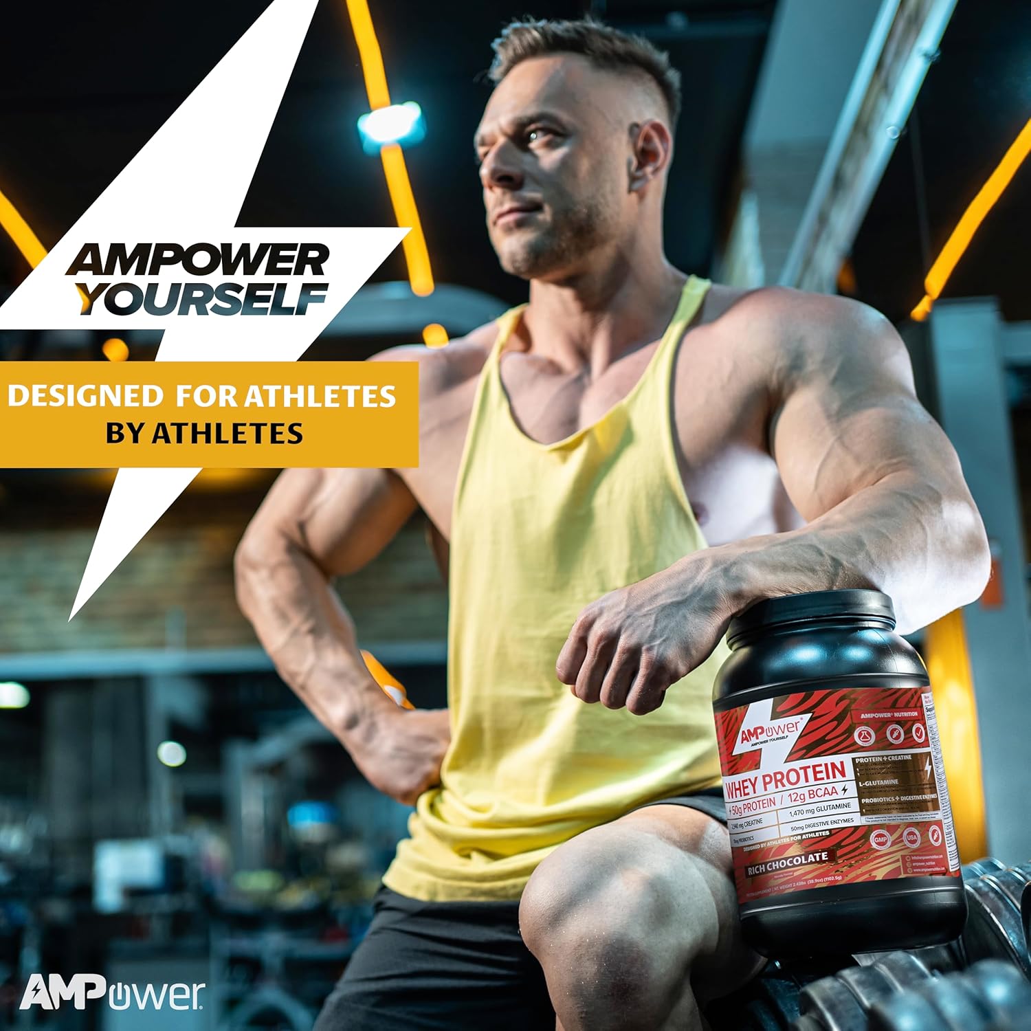 AMPOWER Rich Chocolate Whey Protein Powder with Muscle-Building Ingredients for Gut, Brain, and Immune Support - 38.9oz