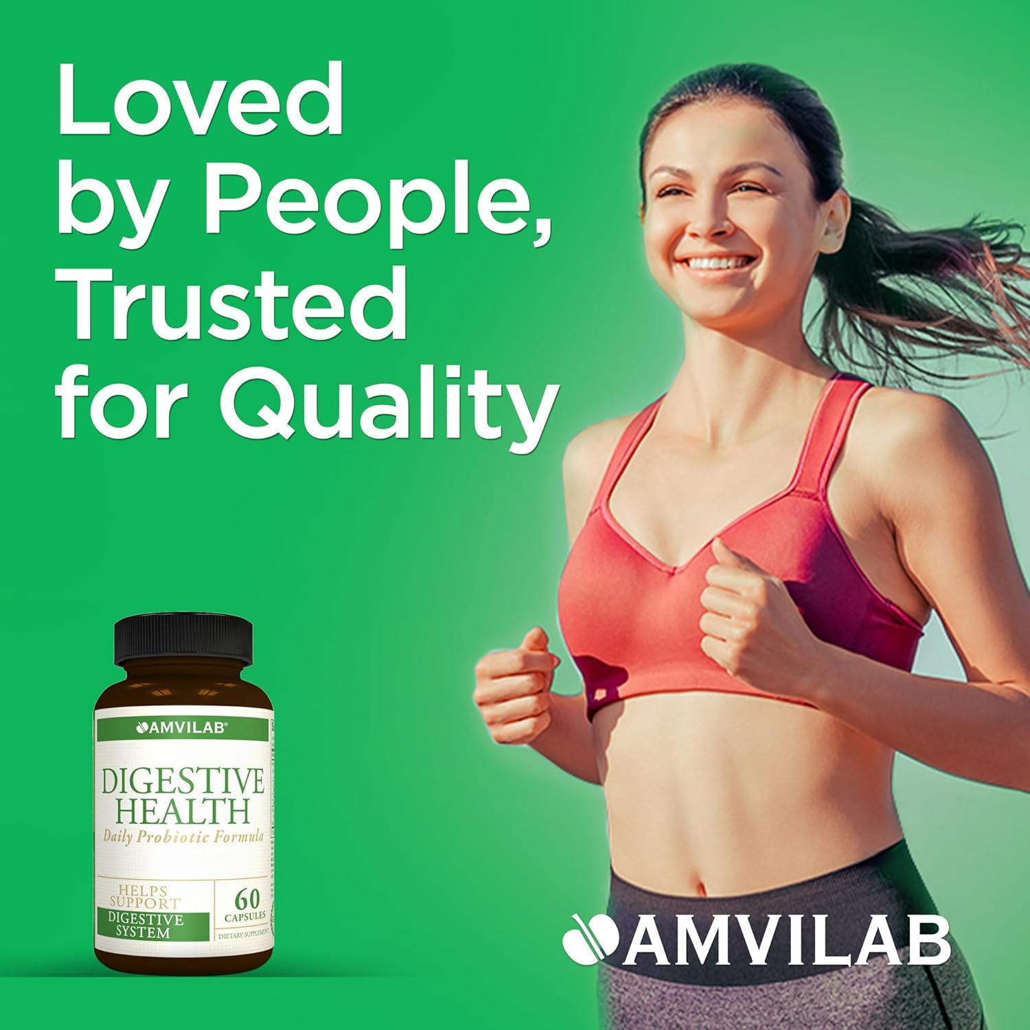 AMVILAB Daily Probiotic Supplement for Digestive Health - 7 Billion CFUs, 5 Essential Strains, Supports Intestinal and Immune Health - 60 Capsules