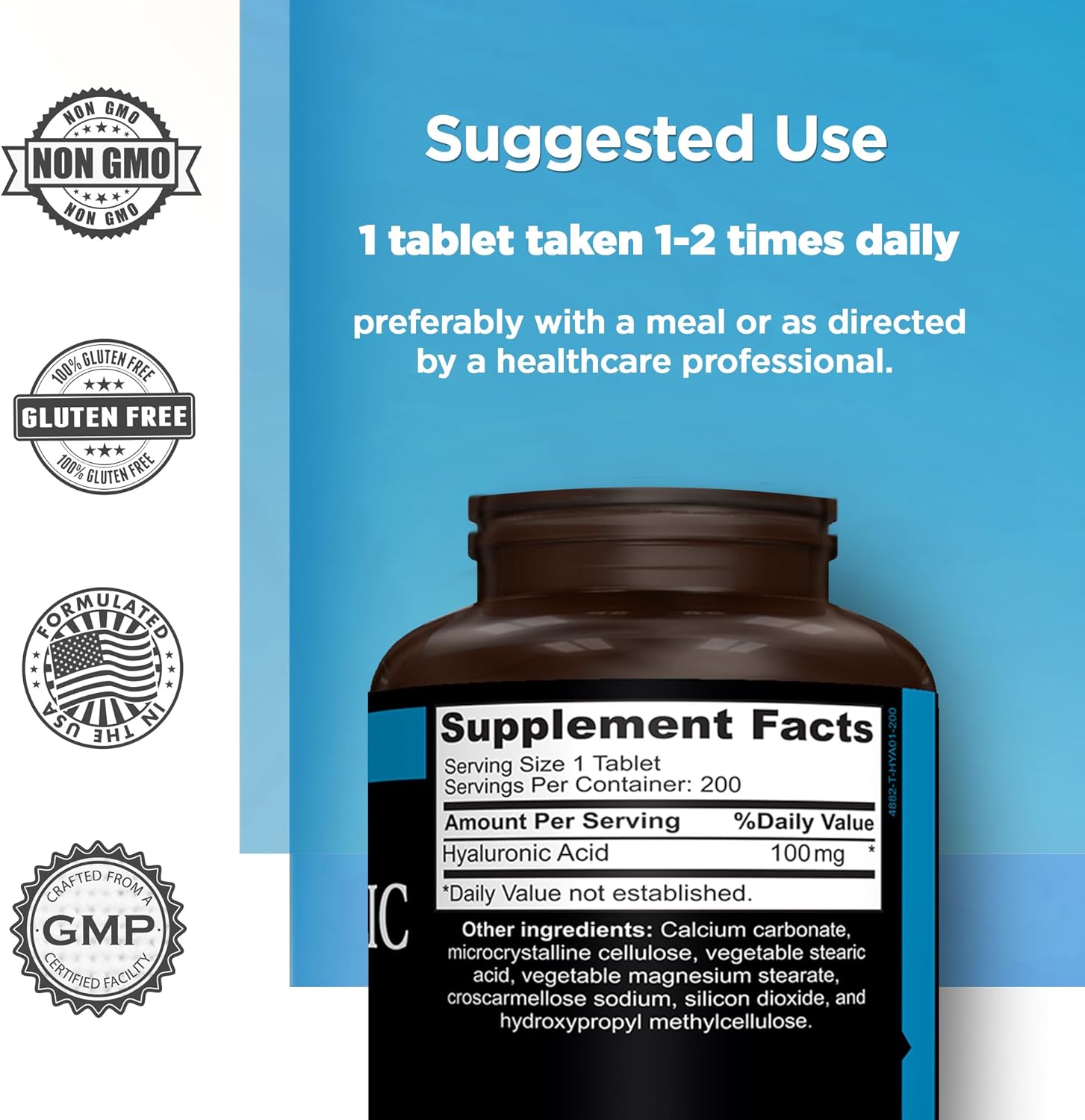 AMVILAB Hyaluronic Acid Tablets | 100 mg | Gluten Free & Non-GMO | 200 Supplement Capsules