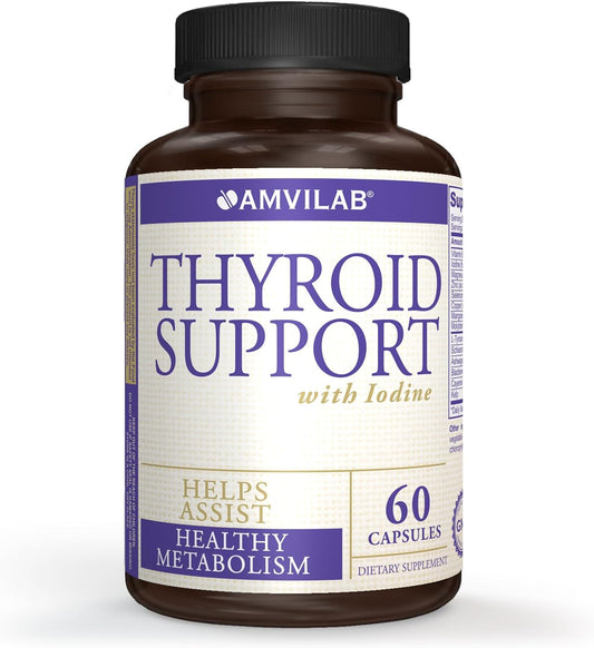 AMVILAB Thyroid Support Capsules with Iodine, Vitamin B12 & More Essential Ingredients for Metabolism, Energy & Cognitive Health - 60 Count