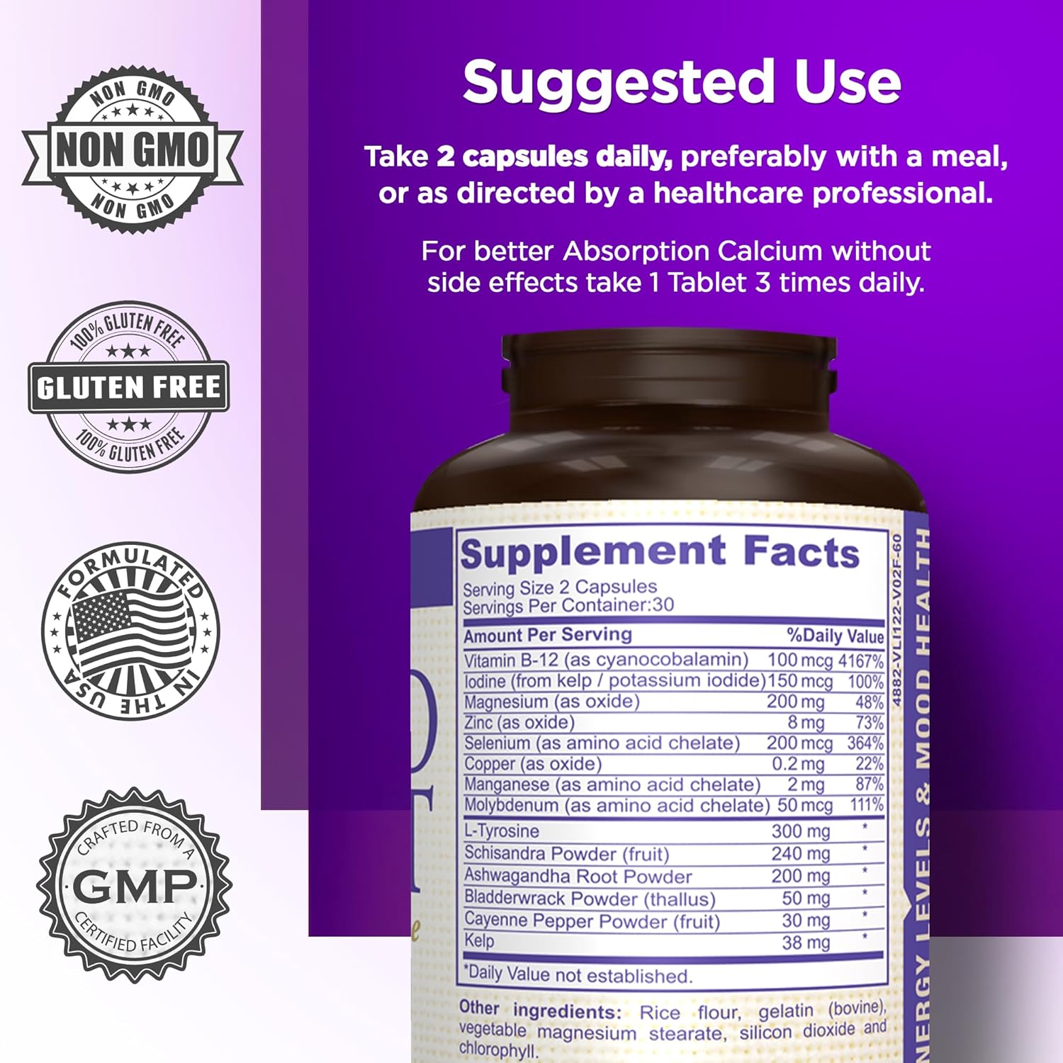 AMVILAB Thyroid Support Capsules with Iodine, Vitamin B12 & More Essential Ingredients for Metabolism, Energy & Cognitive Health - 60 Count