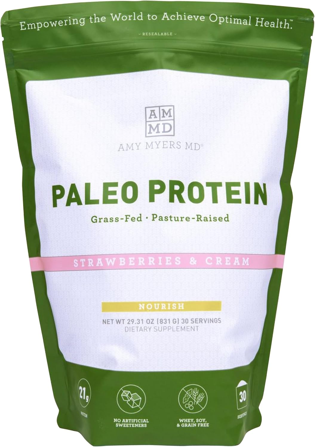 Amy Myers MD Pure Paleo Protein Powder - Strawberries & Cream Flavor - Grass Fed, Pasture Raised, Hormone & GMO Free - Ideal for Keto and Paleo - 29.31 oz