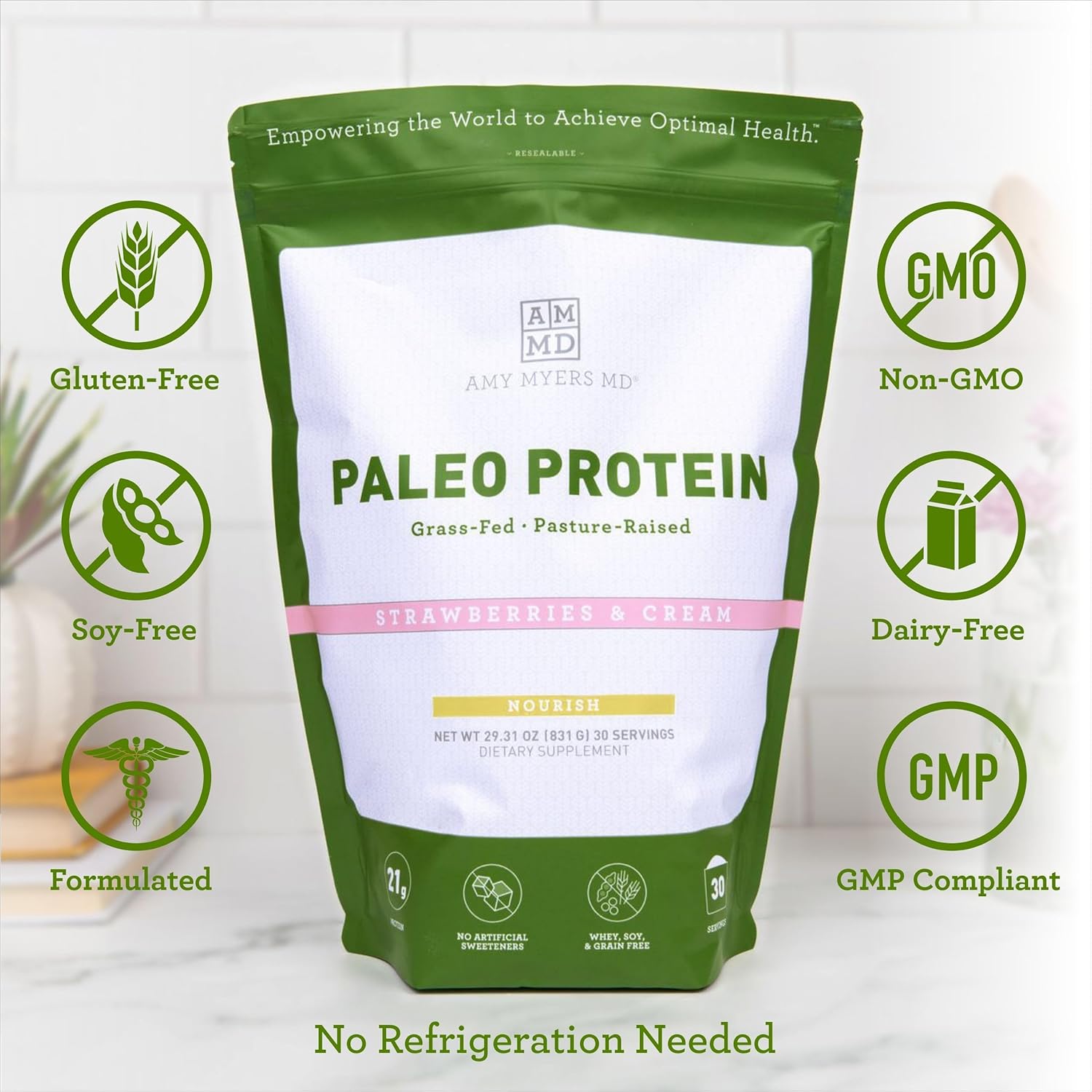 Amy Myers MD Pure Paleo Protein Powder - Strawberries & Cream Flavor - Grass Fed, Pasture Raised, Hormone & GMO Free - Ideal for Keto and Paleo - 29.31 oz