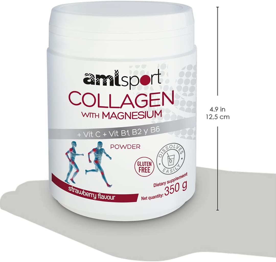 Ana María Lajusticia AML Sport Collagen Powder with Magnesium, Vitamin C, B1, B2, and B6 - 350g (Strawberry Flavour) - Tissue Regenerator - Gluten and Sugar Free