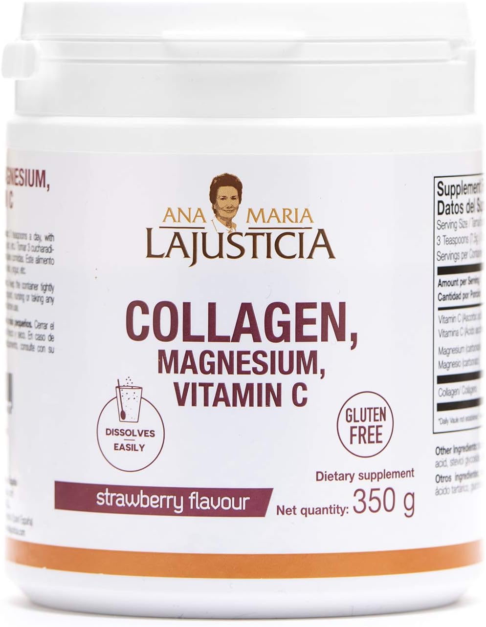 Ana María Lajusticia Collagen Powder with Magnesium and Vitamin C - Strawberry Flavour 350g | Promotes Healthy Skin, Hair, Nails, and Ligaments | Natural Energy Boost