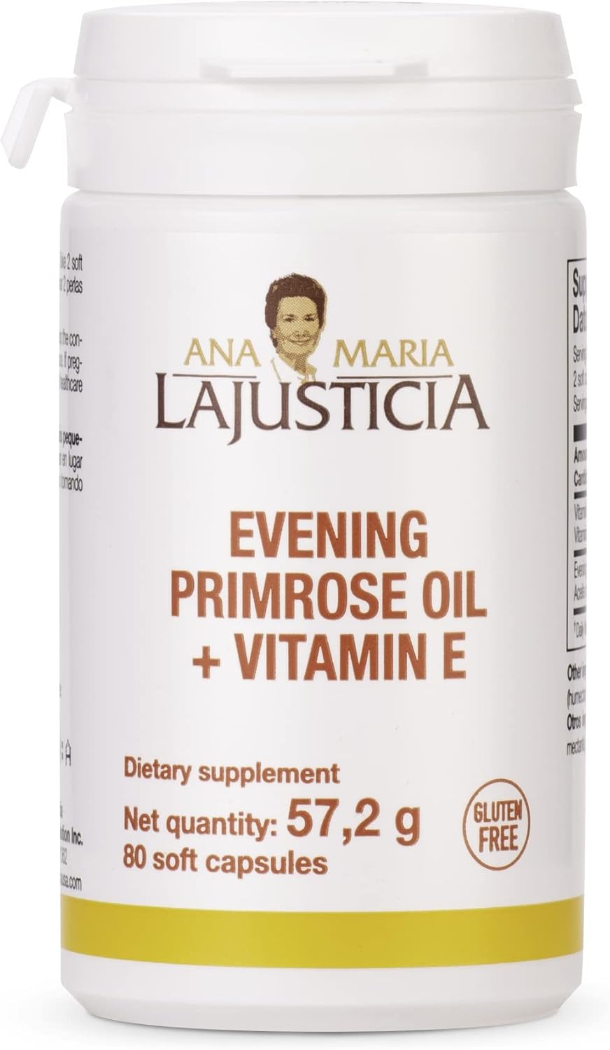 Ana Maria Lajusticia Evening Primrose Oil + Vitamin E Soft Capsules - 80 Pack, 1000mg - Gluten, Lactose, and Sugar Free - All Natural Supplement