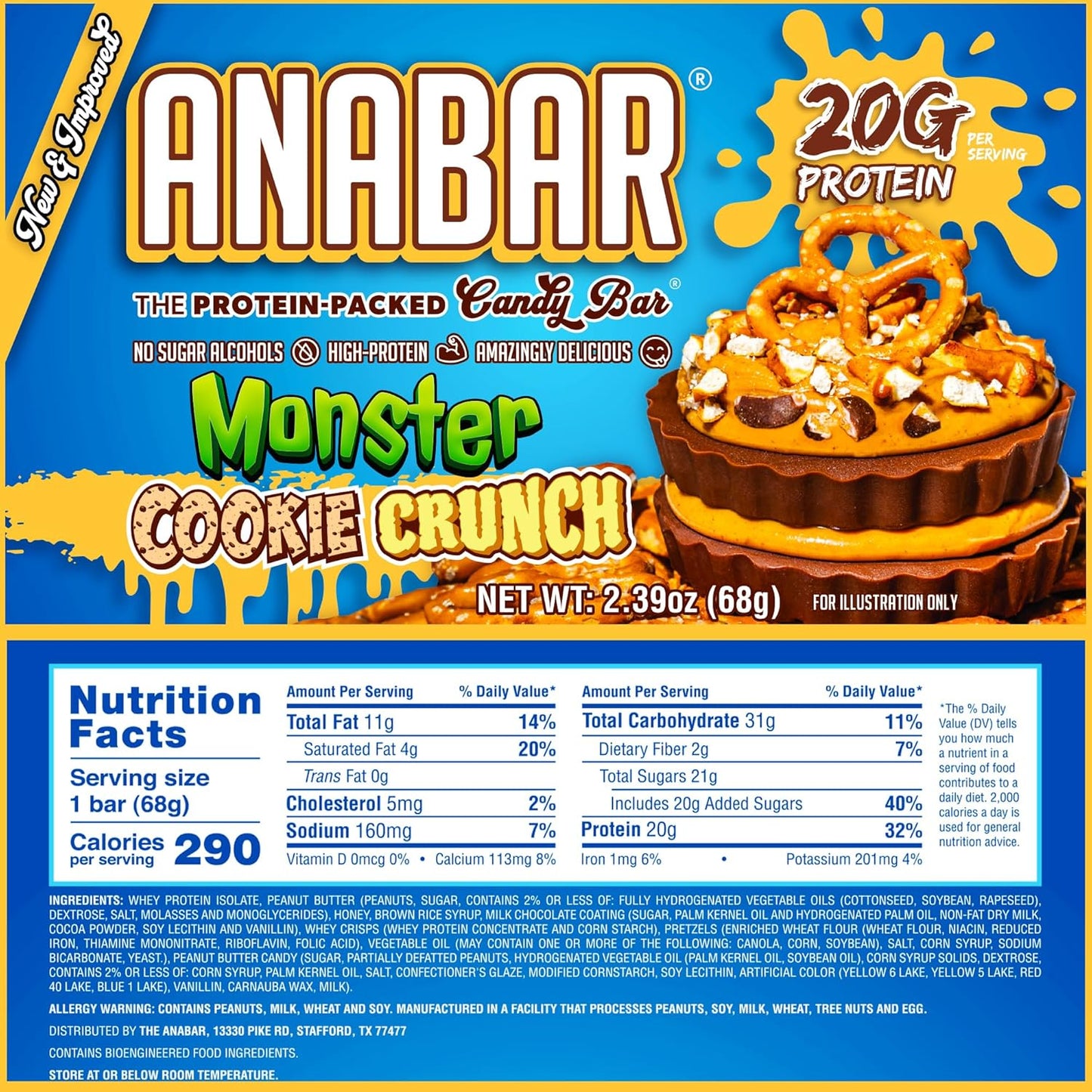 Anabar Protein Bar - High-Protein Candy Bar Without Sugar Alcohol - Milk Chocolate Monster Cookie Crunch Flavor (12 Bars)