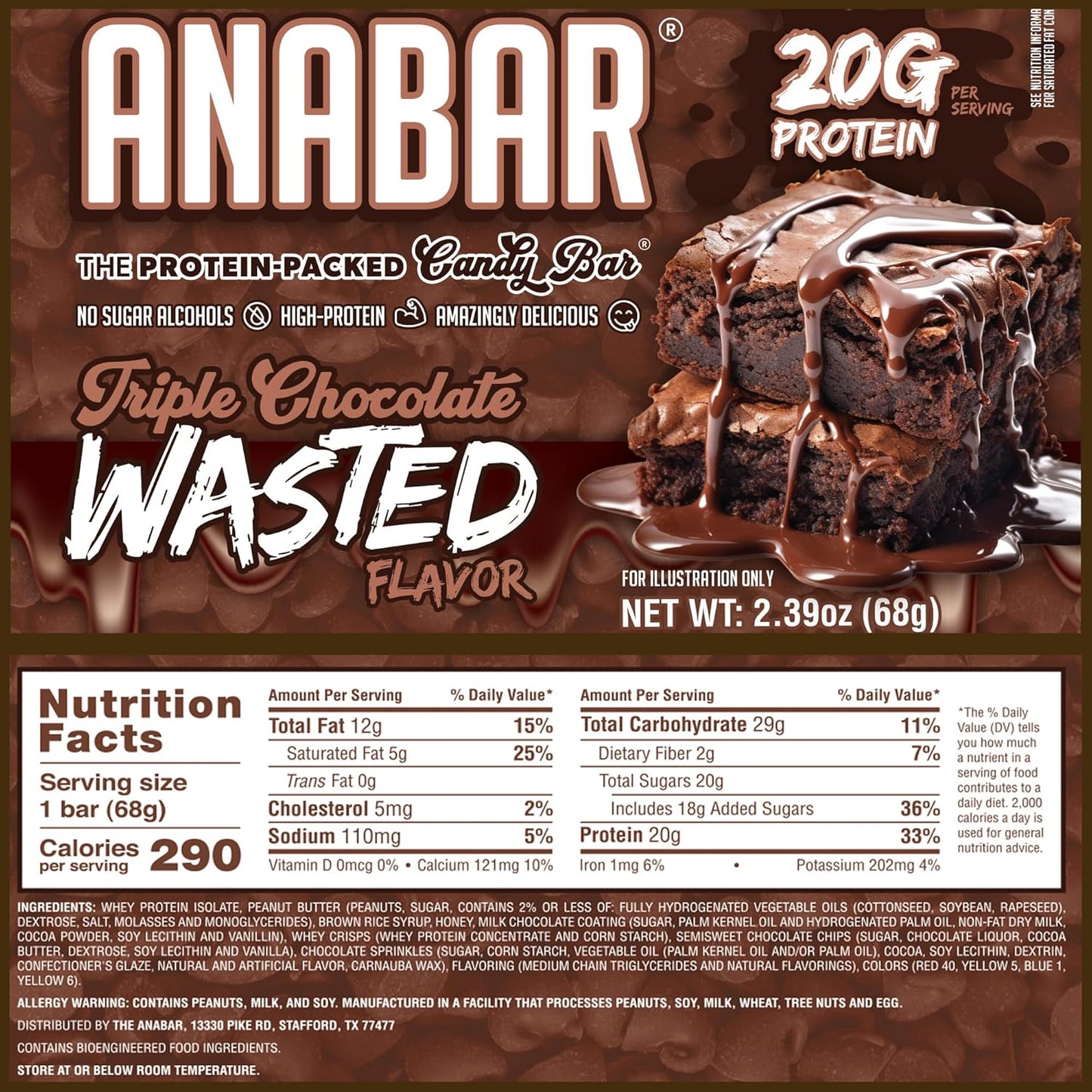 Anabar Triple Chocolate Wasted Protein Bar - High Protein, Delicious, No Sugar Alcohols (12 Bars)
