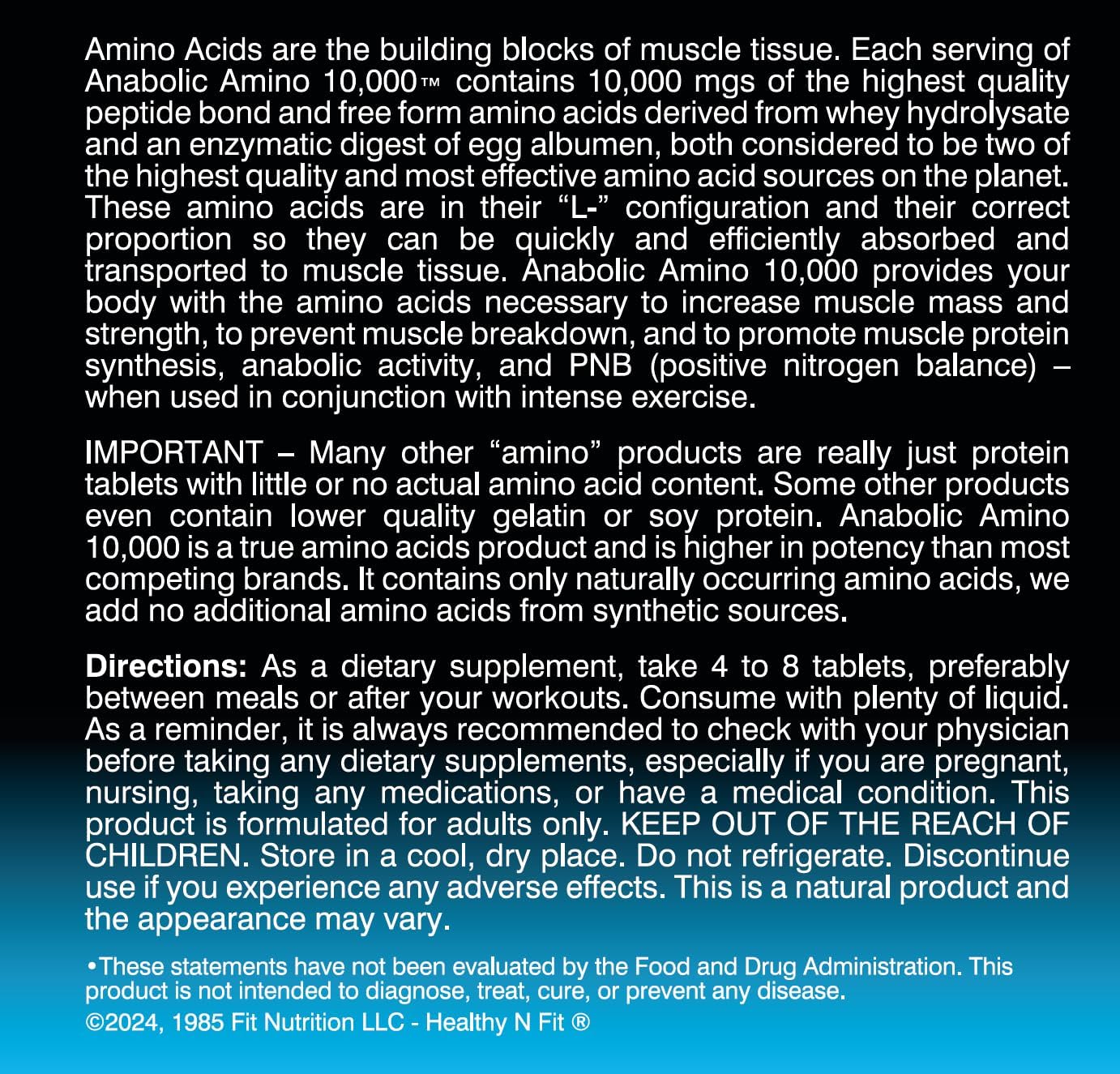 Anabolic Amino 10,000 Amino Acid Tablets - 180 Count - Hydrolyzed Egg & Whey - Fast Absorbing Formula