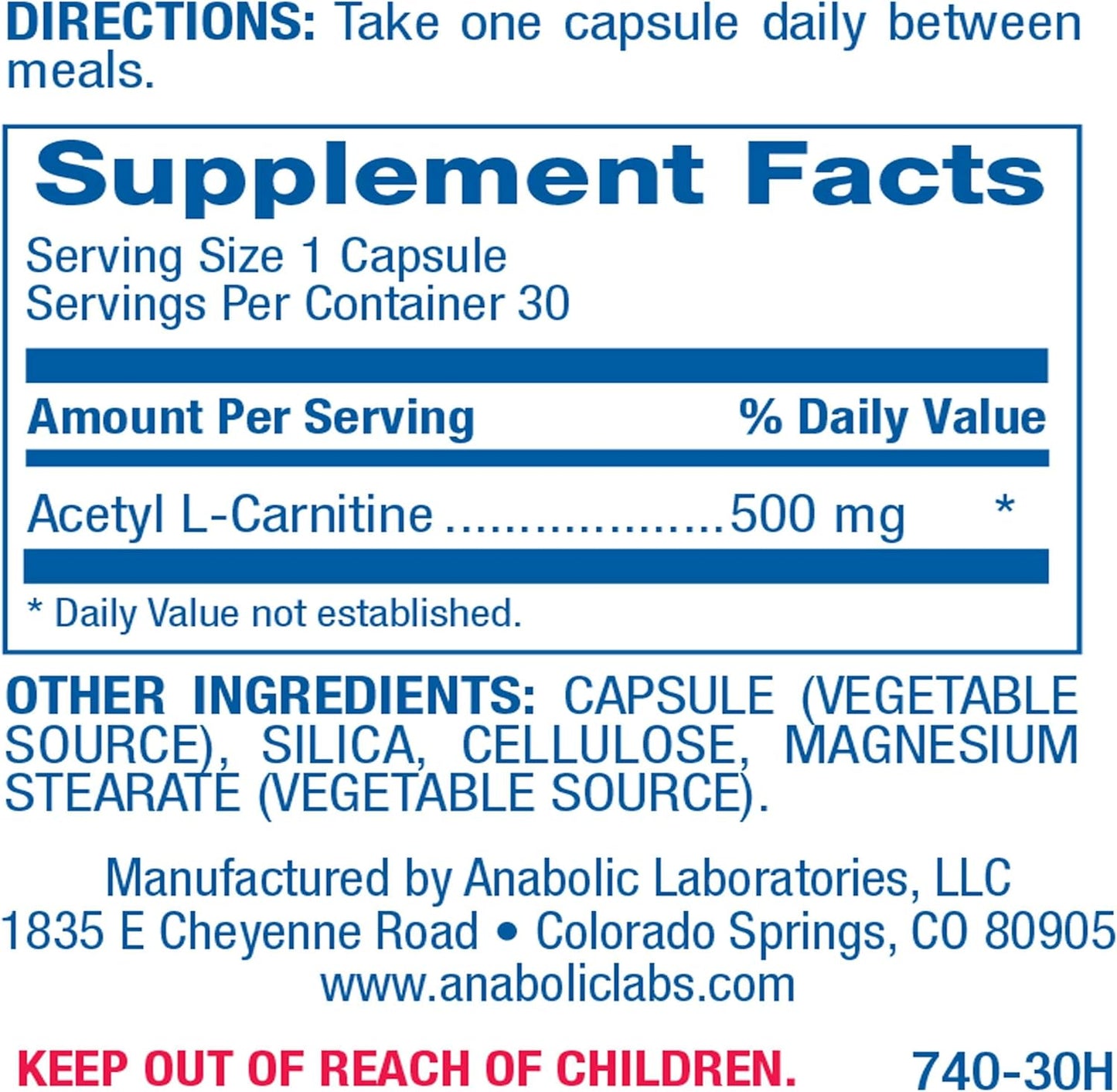 Anabolic Laboratories Acetyl L Carnitine 500mg Capsules - 30 Vegetarian Supplements for Brain Health and Energy Boost