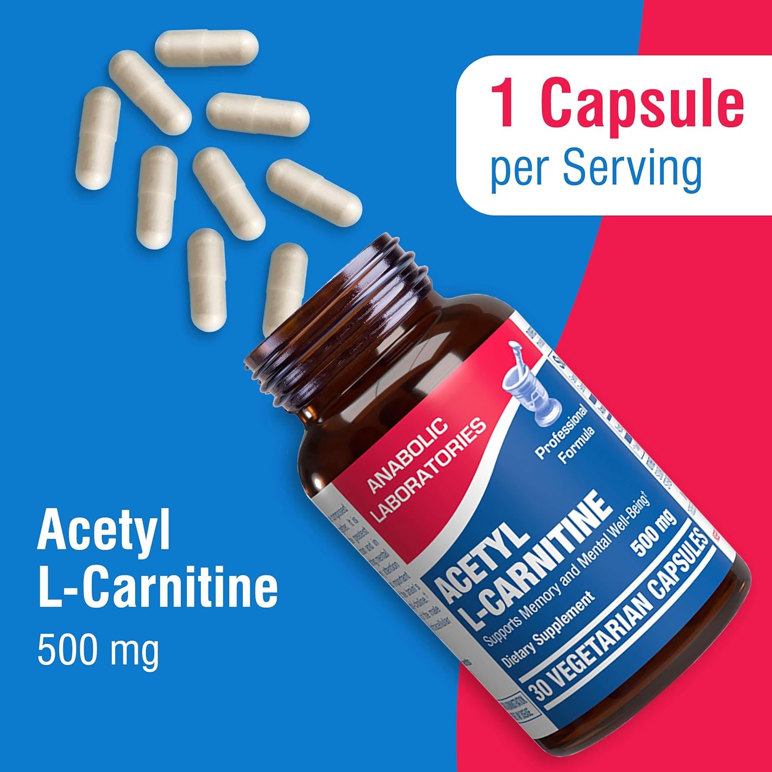 Anabolic Laboratories Acetyl L Carnitine 500mg Capsules - 30 Vegetarian Supplements for Brain Health and Energy Boost