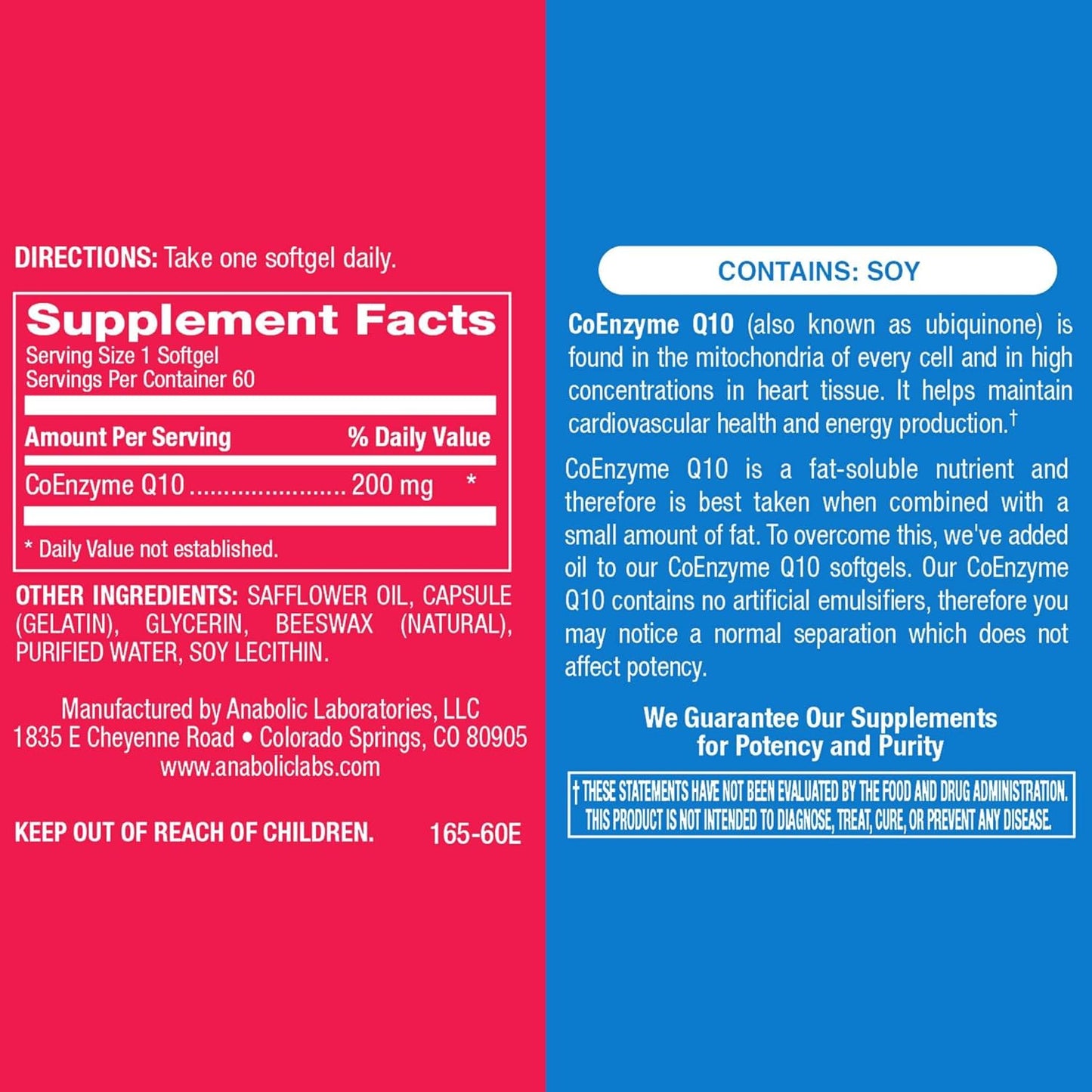 Anabolic Laboratories CoQ10 200mg Softgels - 30 Supplements for Fertility, Heart, Skin, Lung, and Brain Health - Boost Cellular Energy