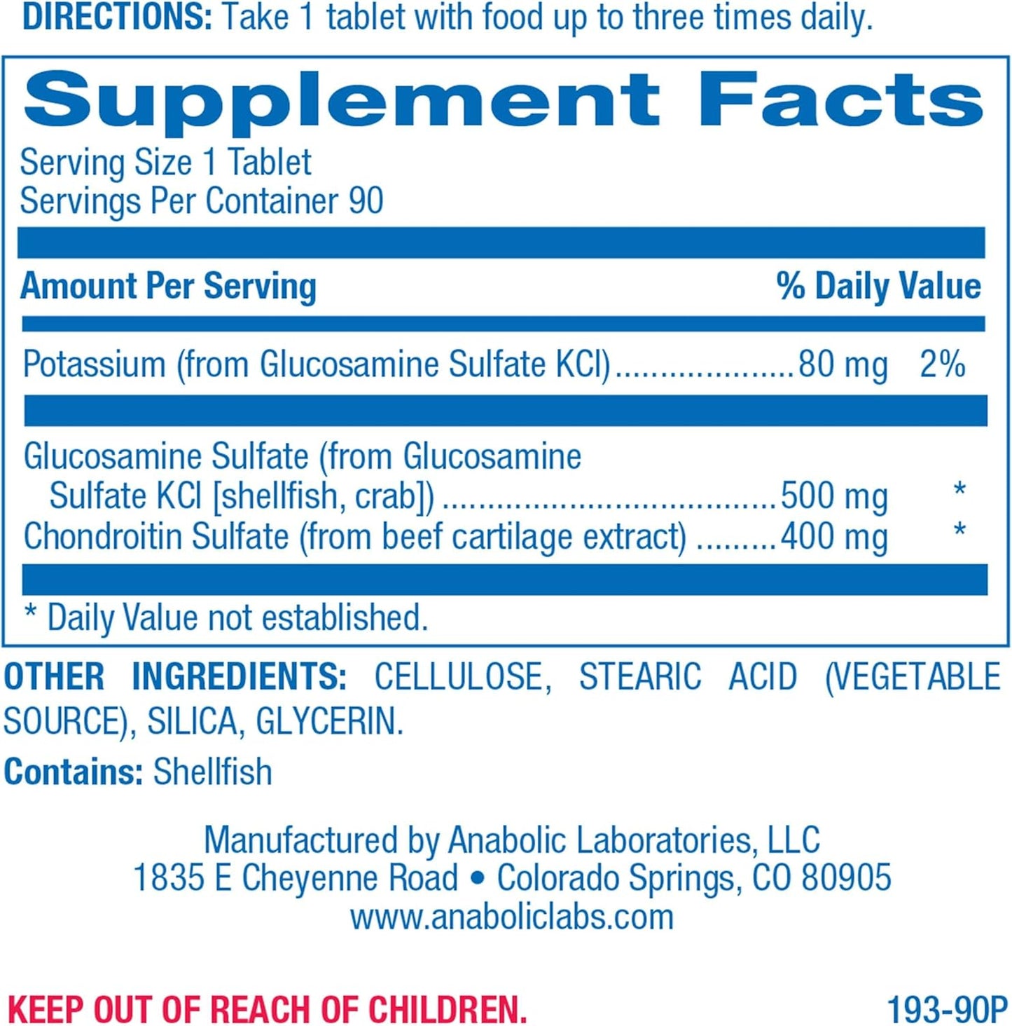 Anabolic Laboratories Glucosamine Chondroitin Tablets - 90 Supplements for Joint Health - 500mg Glucosamine Sulfate, 40mg Chondroitin Sulfate