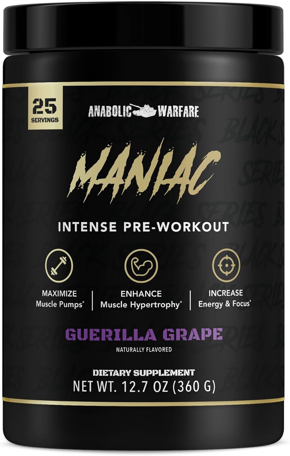 Anabolic Warfare Black Series Maniac Pre-Workout Powder - Guerilla Grape Flavor for Nitric Oxide and Muscle Pumps