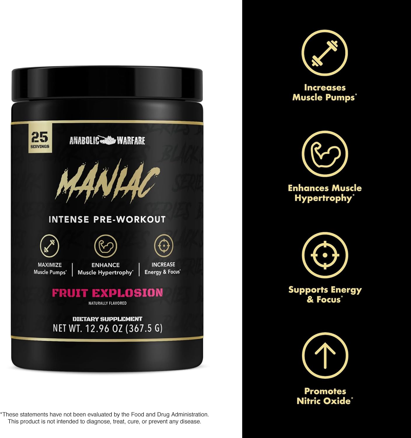 Anabolic Warfare Black Series Maniac Pre-Workout Powder - Supports Nitric Oxide, Boosts Muscle Pumps, 20 Servings