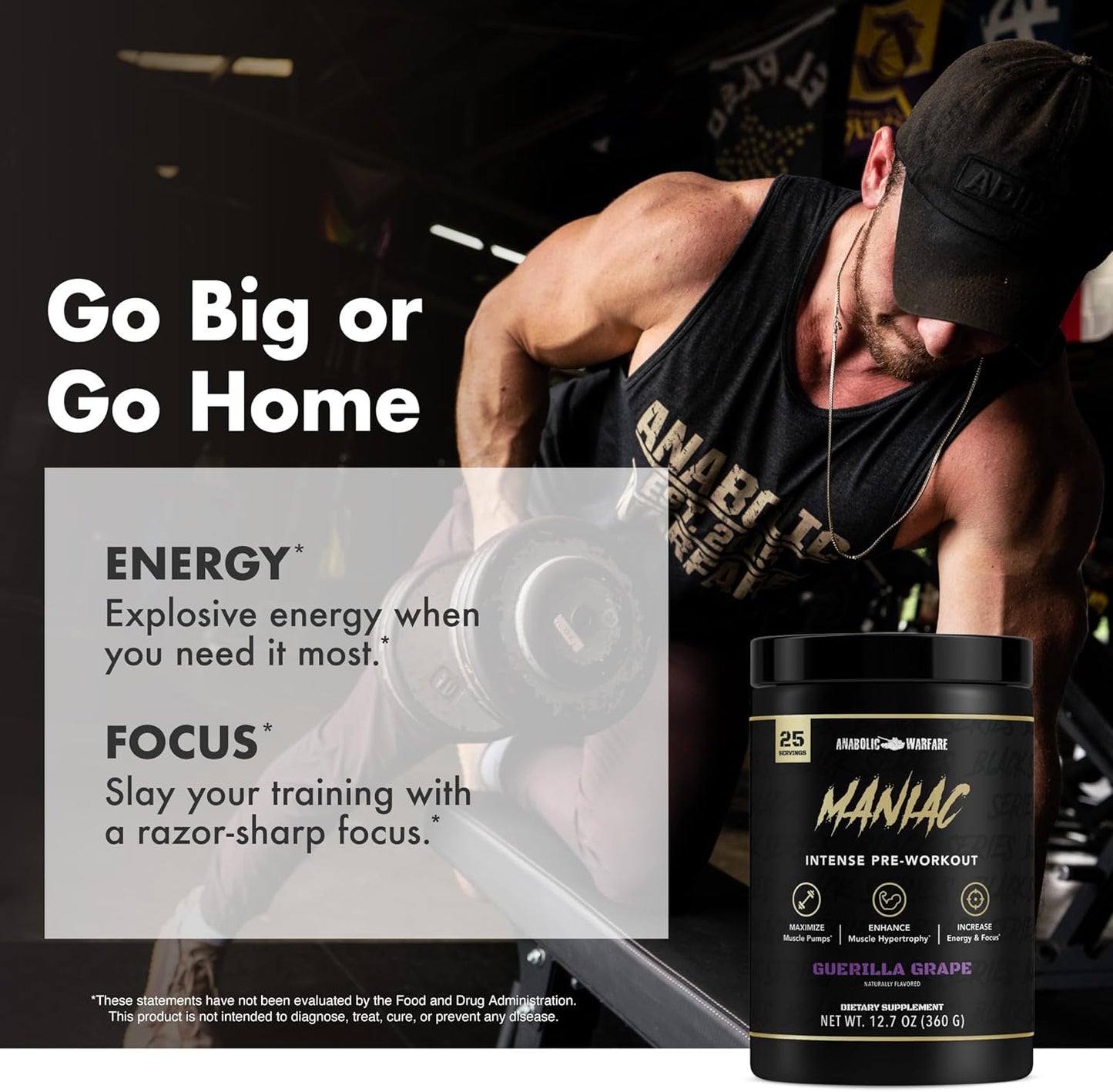 Anabolic Warfare Black Series Maniac Pre-Workout Powder - Supports Nitric Oxide, Boosts Muscle Pumps, 20 Servings