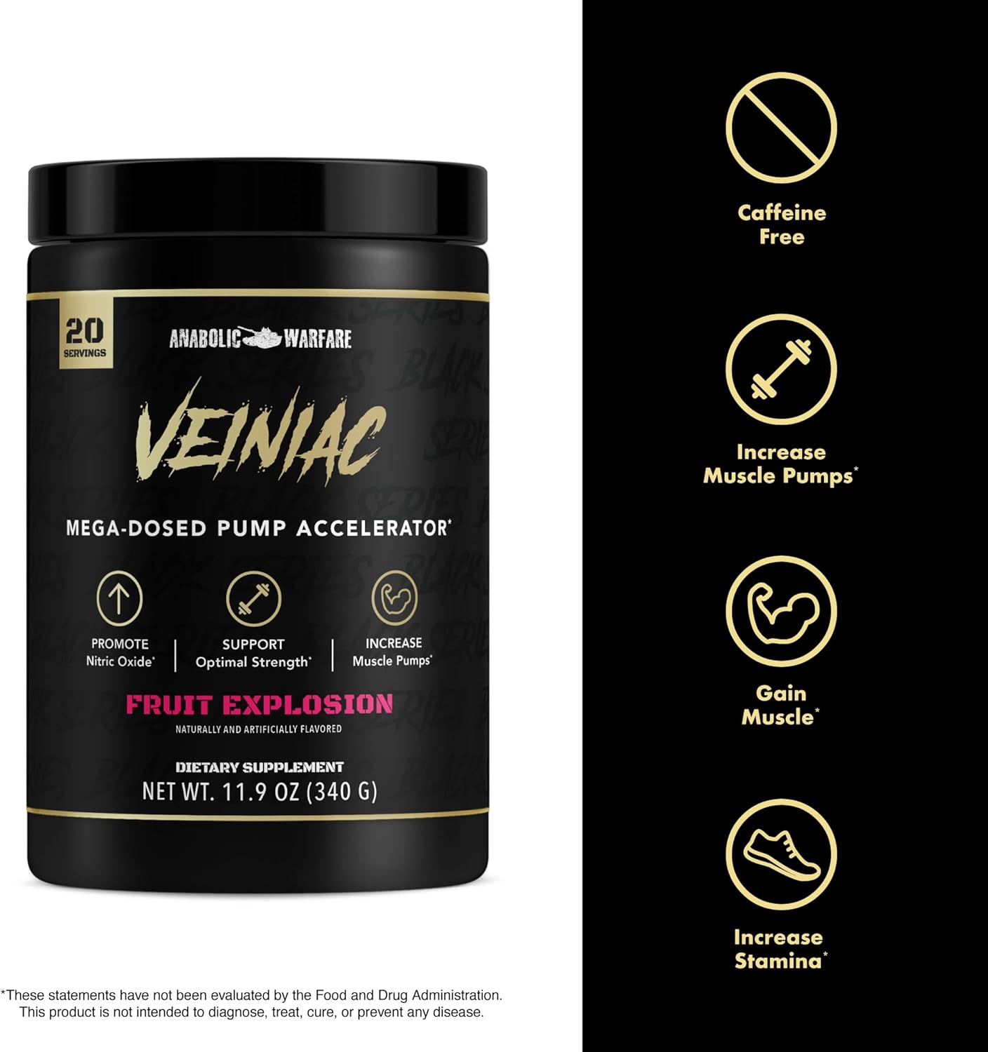 Anabolic Warfare Veiniac Muscle Pump Activator Supplement - Stimulant Free Pre-Workout with L-Citrulline, Betaine Anhydrous, & AGMass™ for Increased Nitric Oxide - 20 Servings