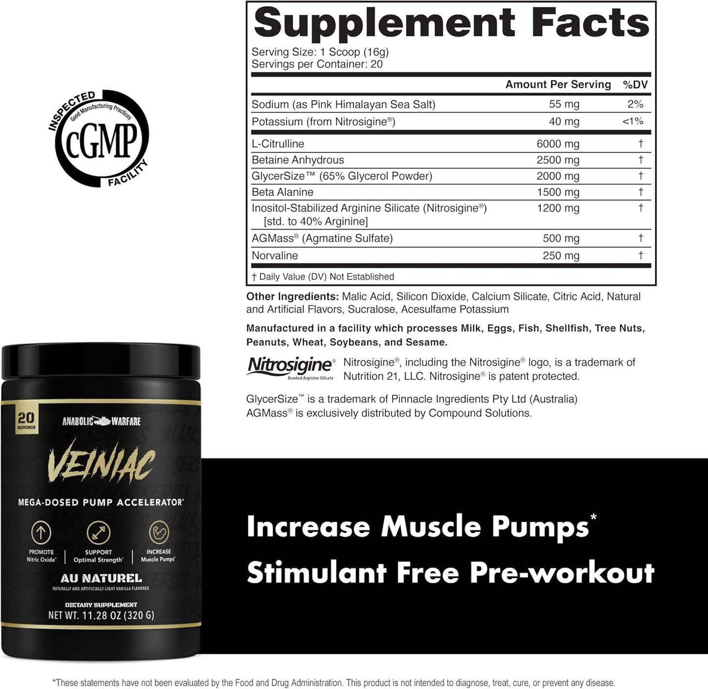 Anabolic Warfare Veiniac Muscle Pump Activator Supplement - Stimulant Free Pre-Workout with L-Citrulline, Betaine Anhydrous, & AGMass™ for Increased Nitric Oxide - 20 Servings