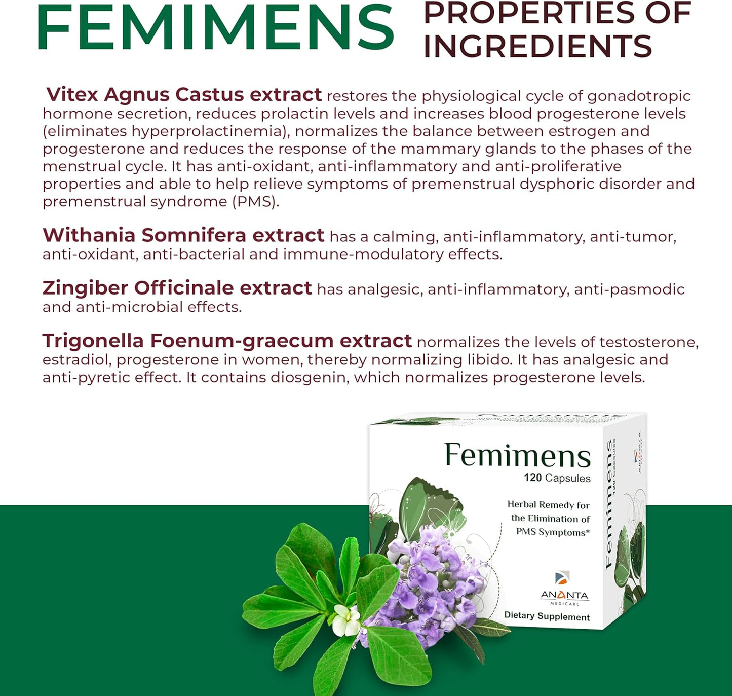 Ananta Medicare FEMIMENS Herbal Dietary Supplement 120 Capsules for PMS Symptom Relief