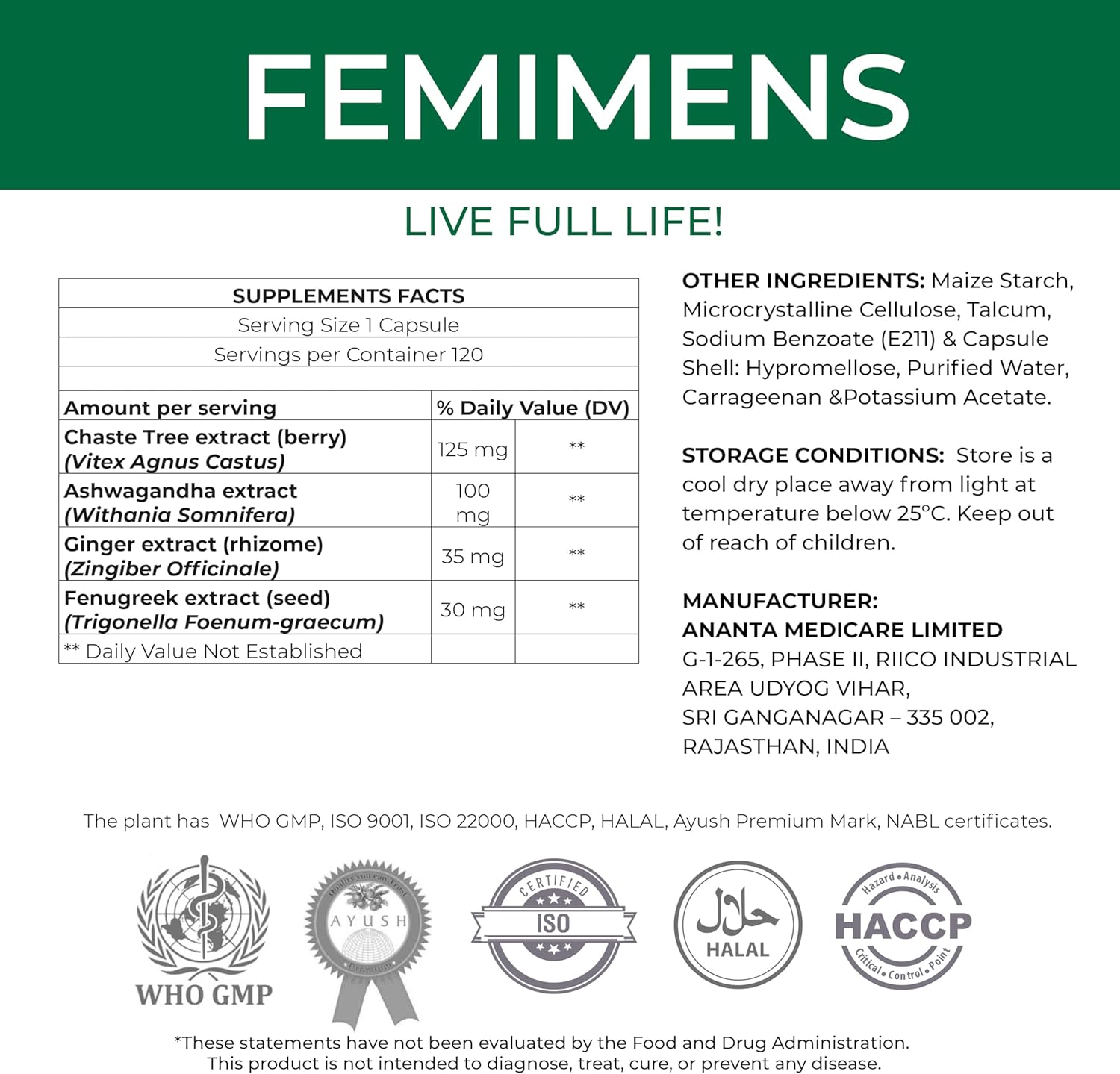 Ananta Medicare FEMIMENS Herbal Dietary Supplement 120 Capsules for PMS Symptom Relief