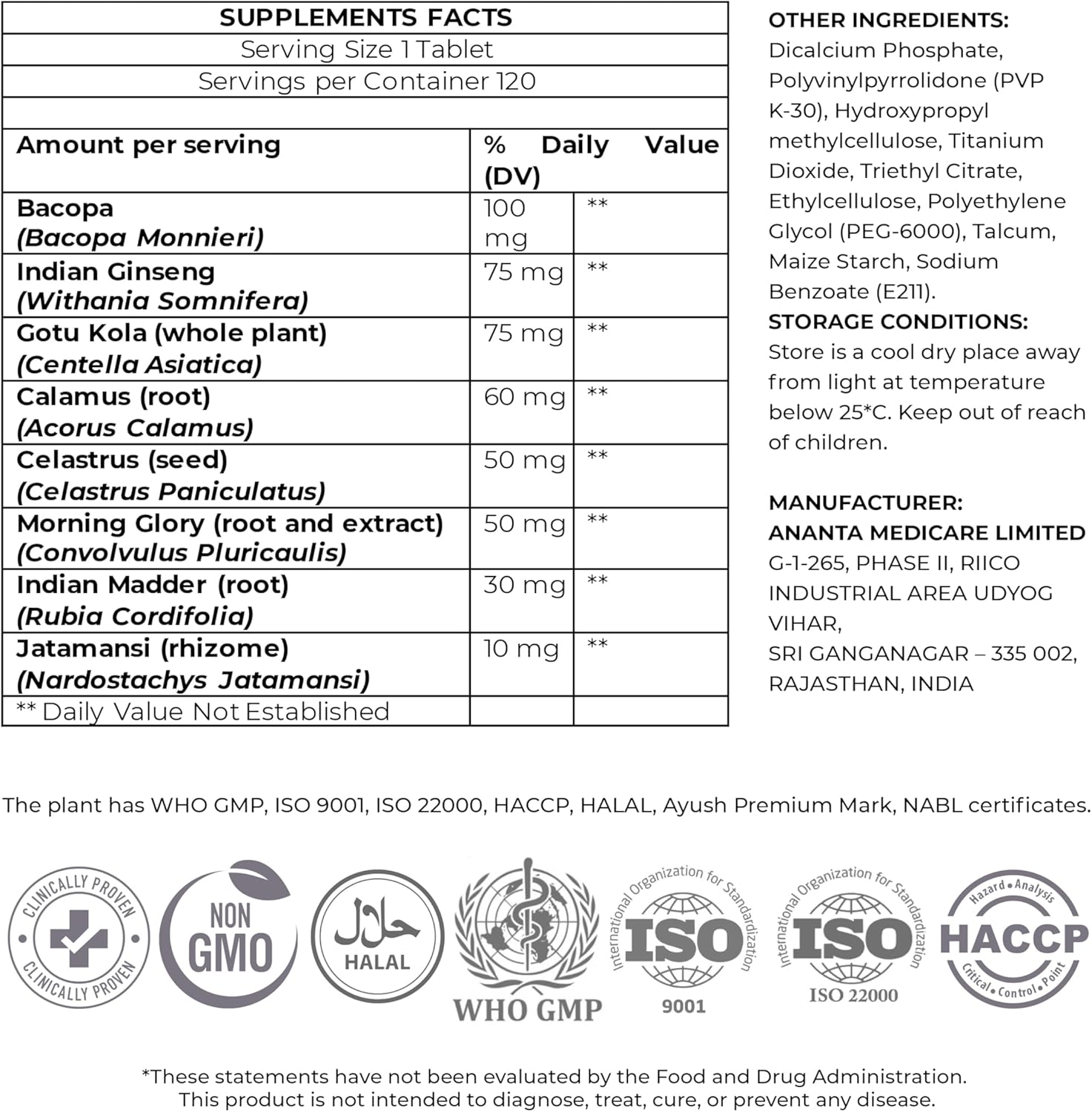 Ananta Medicare USA Anantavati Sleep Supplement - Powerful Bacopa for Deep Sleep & Stress Relief - 120 Vegetarian Tablets