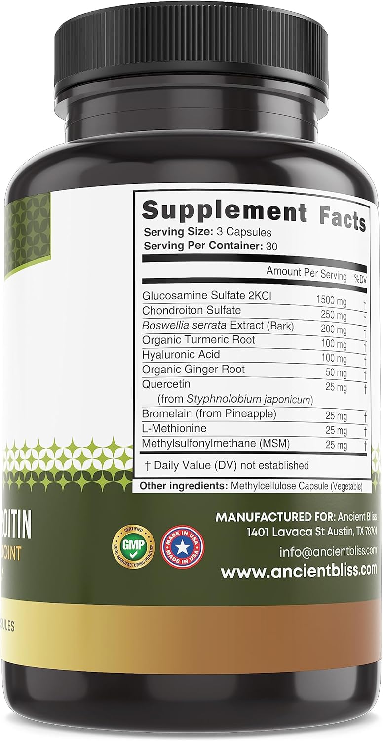 Ancient Bliss Joint Support Supplement with Glucosamine, Chondroitin, MSM for Men & Women - 90 Capsules