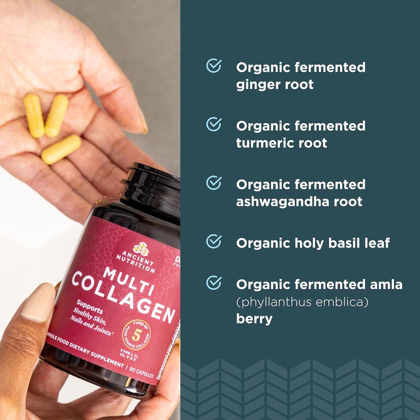 Ancient Nutrition Collagen Peptides Pills with Types I, II, III, V & X - Supports Healthy Skin, Nails, Gut, and Joints - 90 Capsules
