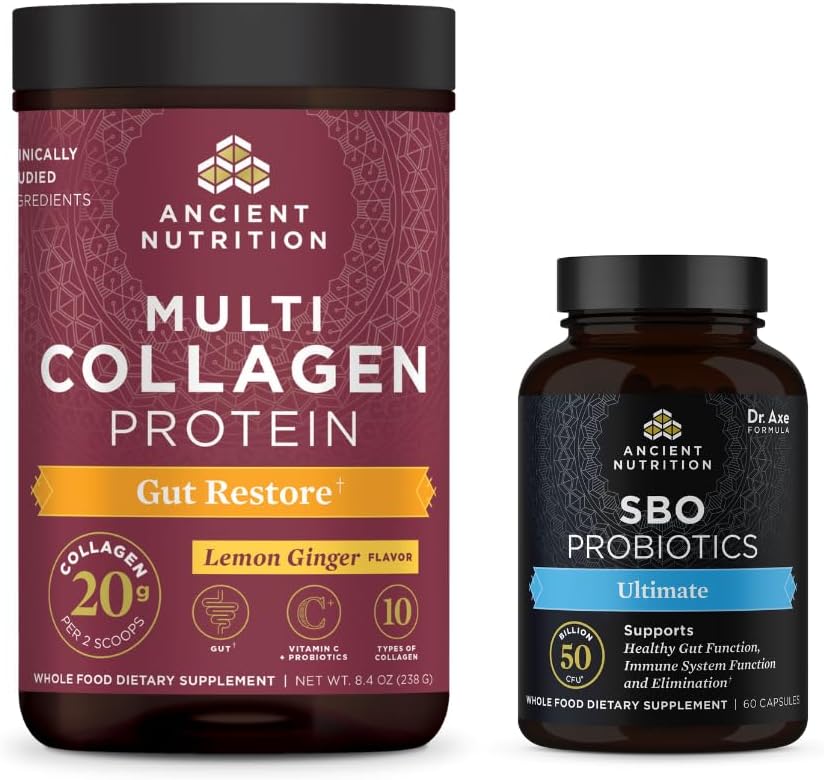 Ancient Nutrition Multi Collagen Protein Powder & SBO Ultimate Probiotics Bundle - Gut Health Support with 20 Servings + 60 Capsules
