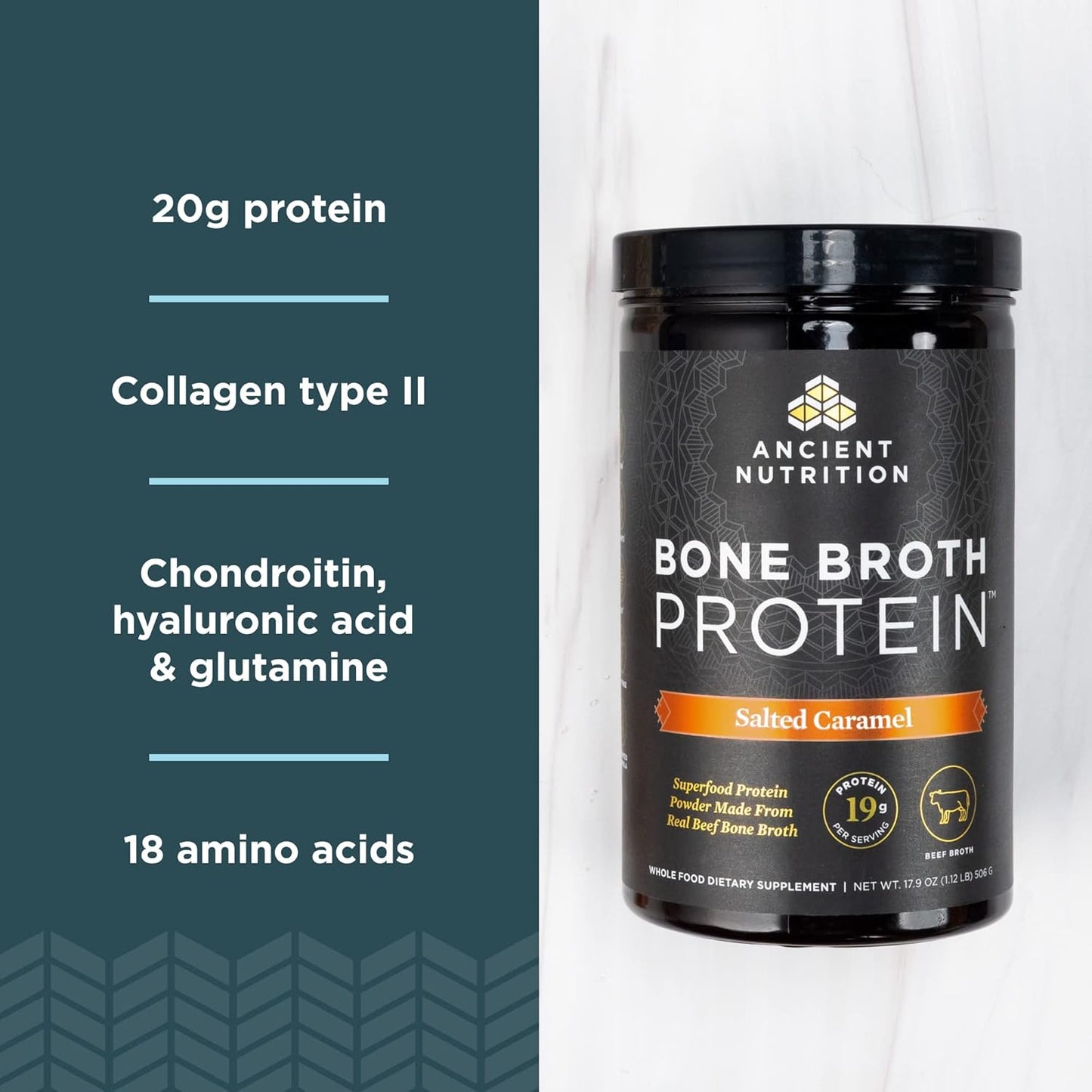 Ancient Nutrition Salted Caramel Bone Broth Protein Powder - 19g Protein, Supports Healthy Skin, Gut & Joints, Gluten-Free, Paleo & Keto Friendly - 20 Servings