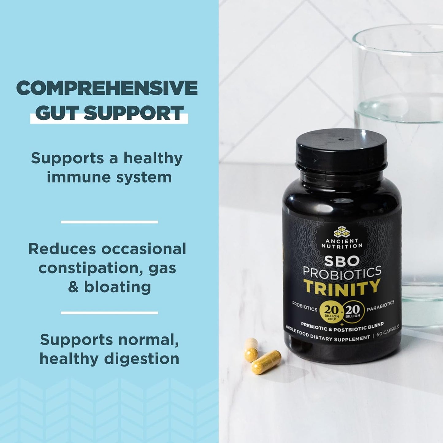 Ancient Nutrition SBO Probiotic Trinity Daily Care - 40 Billion Blend for Digestive Health - 60 Count