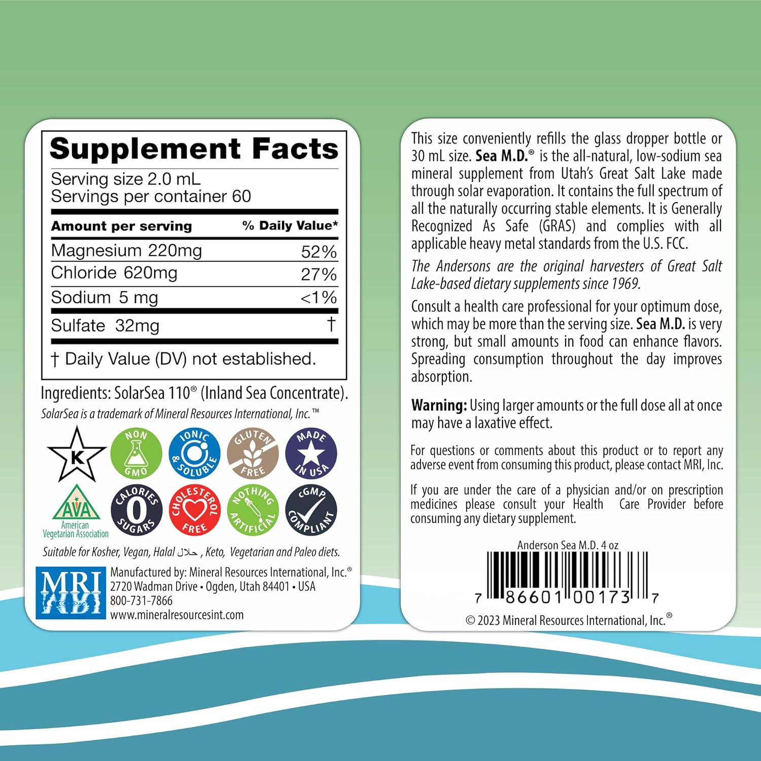 Anderson Sea M.D. Concentrated Trace Mineral Drops - Liquid Magnesium Supplement for Muscle Cramps and Joint Health - 4 fl oz, 60 Servings