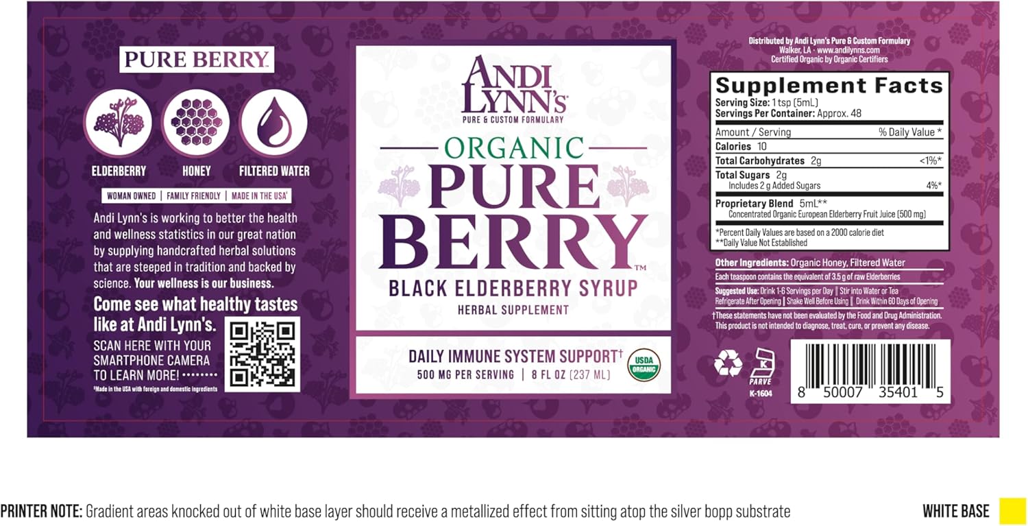 Andi Lynn's Pure Organic Black Elderberry Syrup with Honey - High Potency Immune Support (8oz)