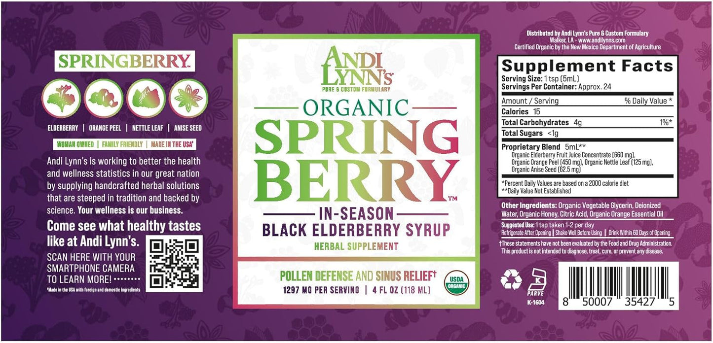 Andi Lynn's SpringBerry Organic Black Elderberry Syrup - Herbal Immune Support for Allergies - 4 oz Bottle