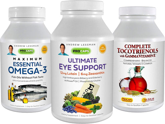 Andrew Lessman Eye Health Bundle: Ultimate Support for Eyes - Omega-3, Tocotrienols - 30 Softgels Each - Promotes Eye Health