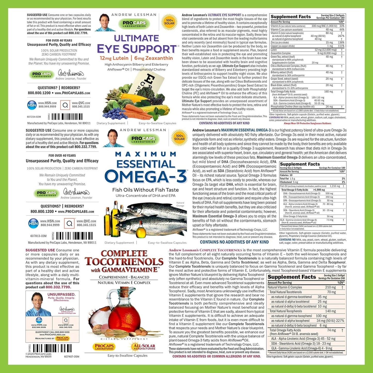 Andrew Lessman Eye Health Bundle: Ultimate Support for Eyes - Omega-3, Tocotrienols - 30 Softgels Each - Promotes Eye Health