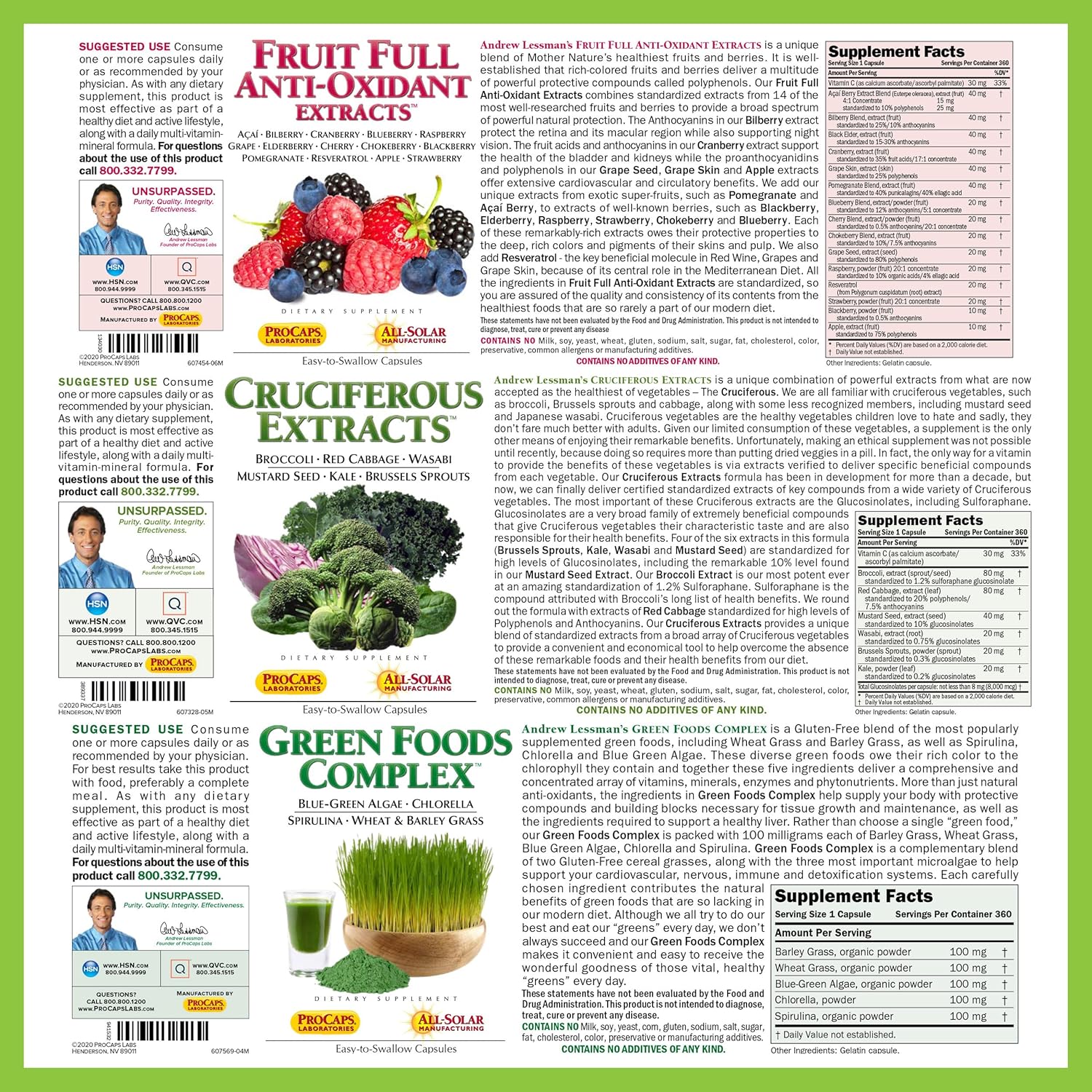 Andrew Lessman Healthy Foods Bundle - 30 Count Each of Cruciferous, Anti-Oxidant, and Green Foods Complex. Nutritional Benefits of 20+ Healthiest Foods.